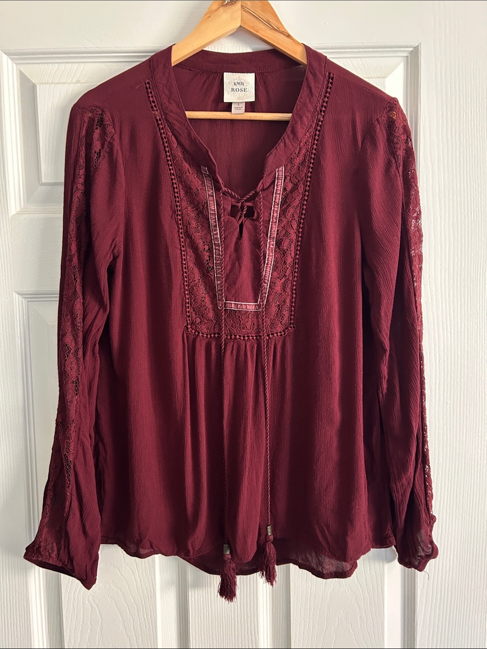 Knox Rose Wine Lace Tassel Peasant Tunic Blouse Boho L